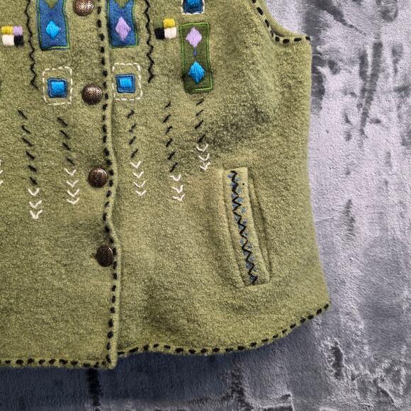 Icelandic Design Womens Wool Vest Embroidered Green Button Up Size S - Picture 6 of 14